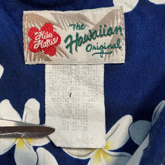 Vintage Hilo Hattie Hawaiian Shirt Blue Hibiscus Plumeria Floral Short Sleeve - Picture 8 of 10